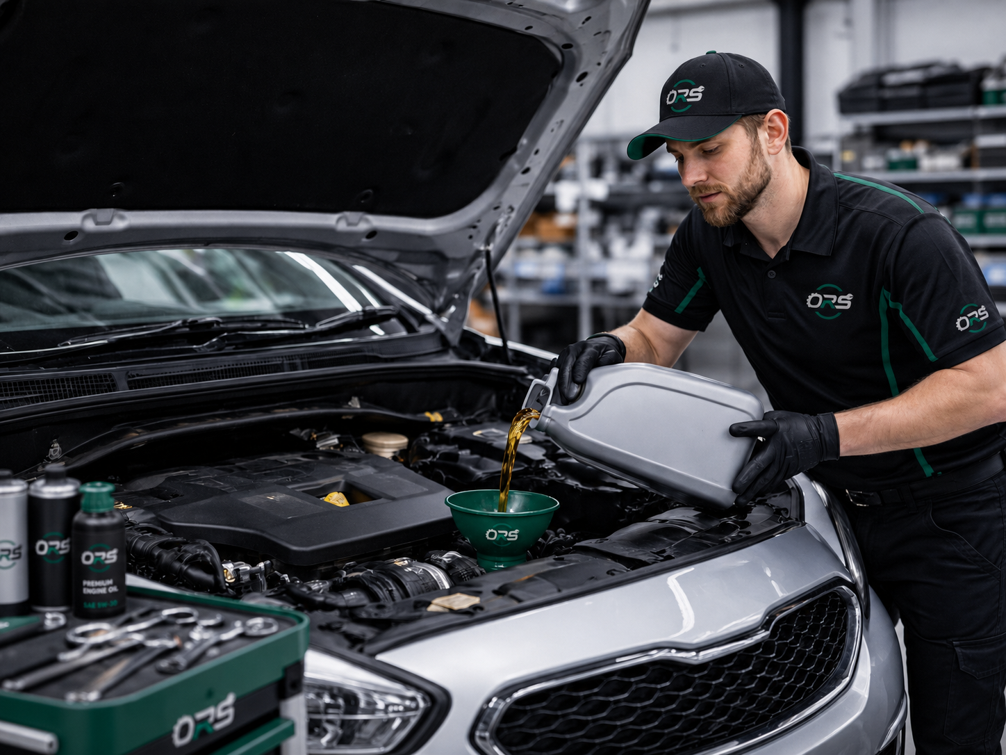 ORS Autos technician topping up engine oil during a service